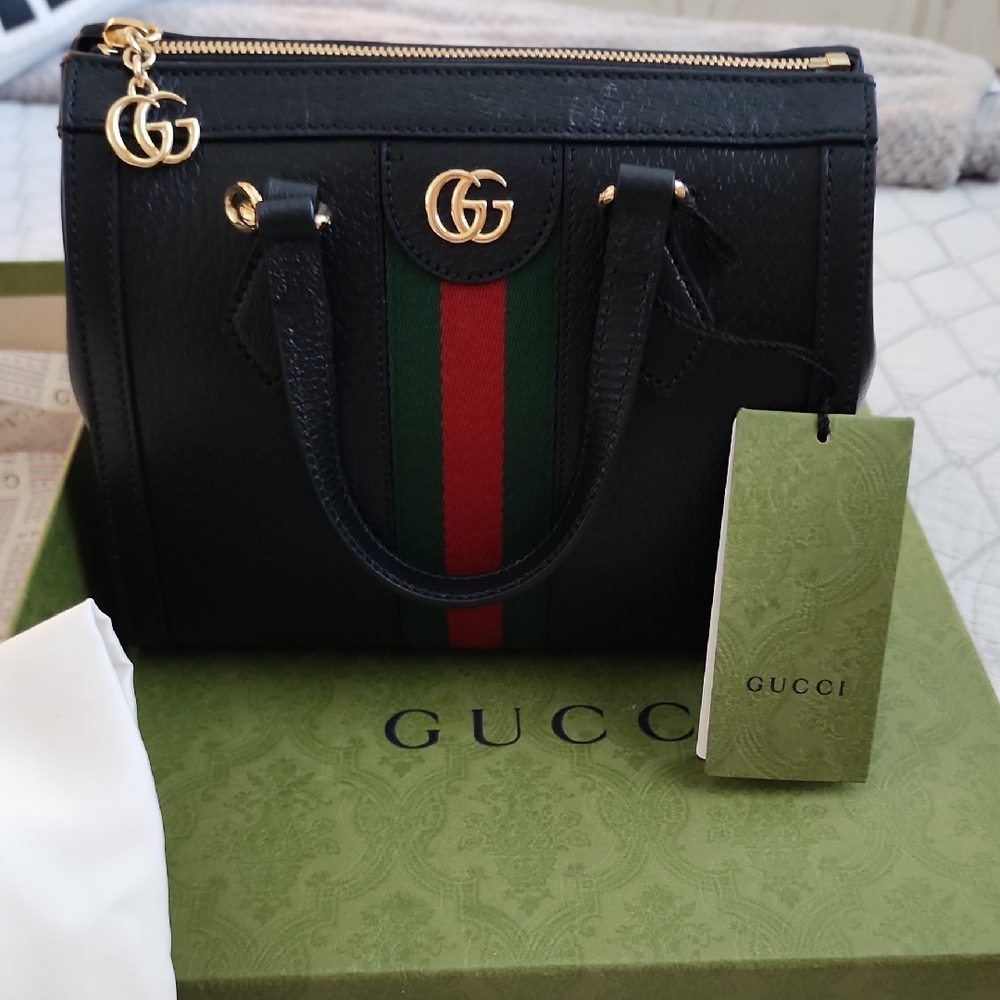 Gucci Black Satchel with Gold and Green-Red Stripe